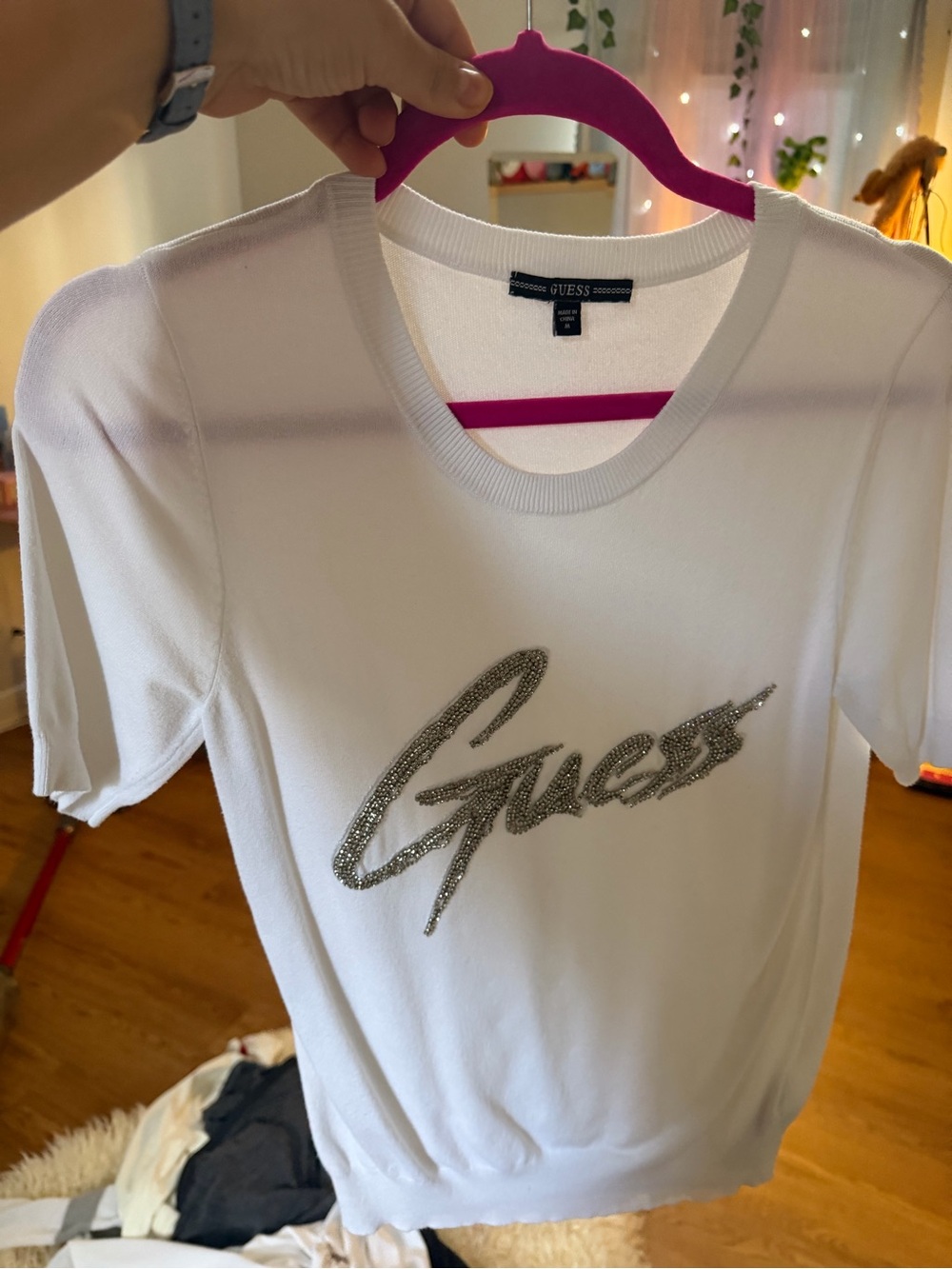 Guess White Short Sleeve Logo Tee with Silver Rhinestone Script